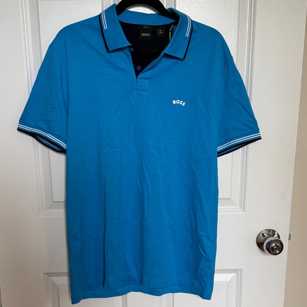 NWT BOSS Men's Bright Turquoise Polo with Contrast Trim